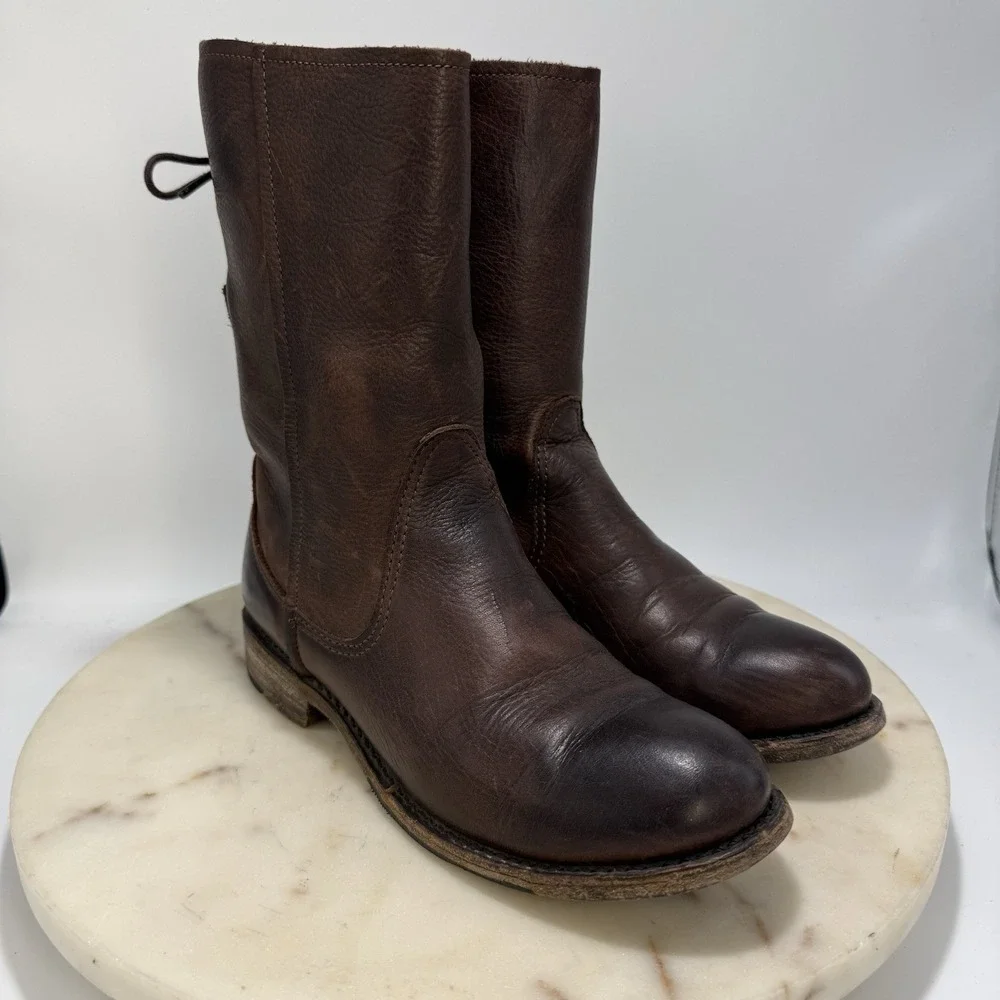 Vintage Shoe Company Leather Back Lace Brown Mid Calf Moto Boots USA Made 6.5M
